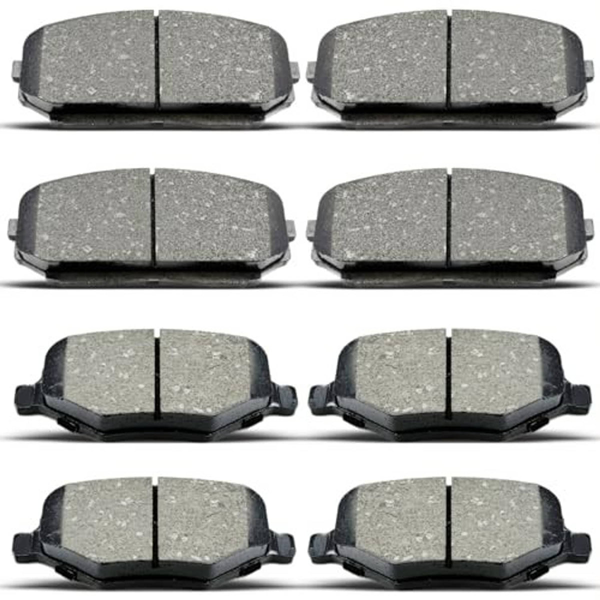 Ceramic brake pad set showing multiple pairs of gray pads with black backing plates
