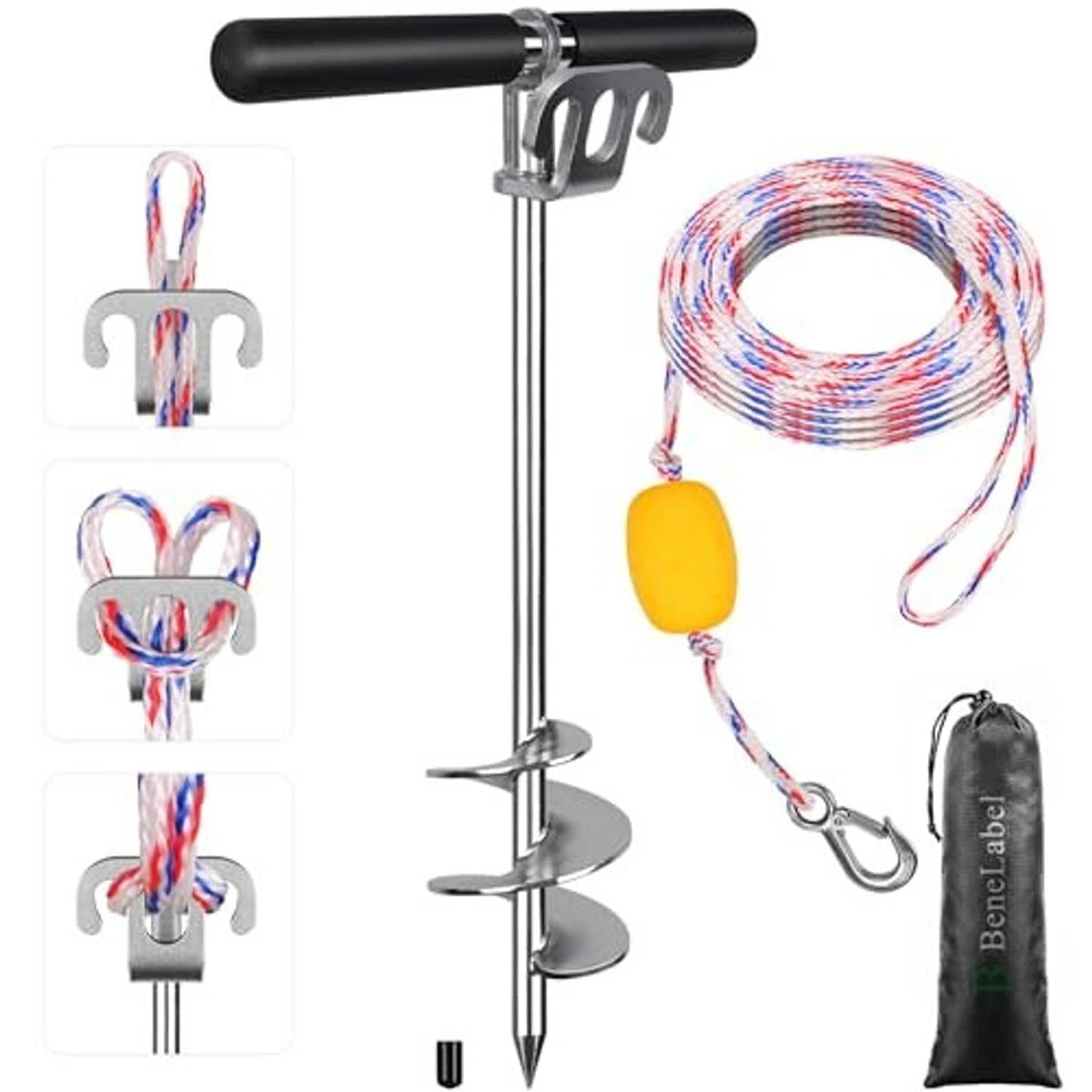 Marine sand anchor setup with black handle, spiral flukes, multicolor rope, yellow buoy, bag