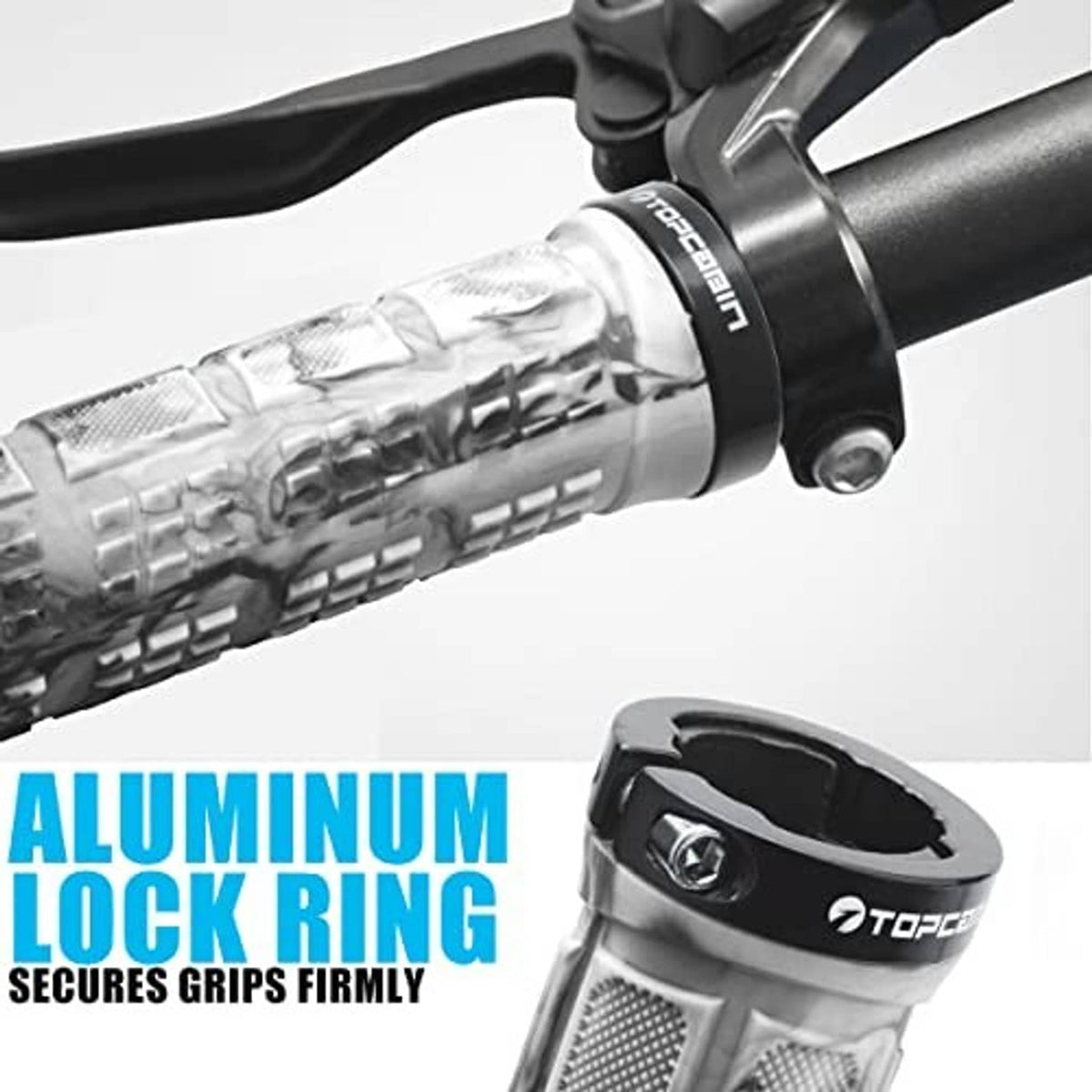Camouflage bicycle handlebar grip with aluminum lock ring, mounted on a handlebar