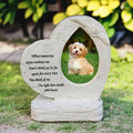 White heart-shaped dog memorial stone with oval photo frame, paw prints, resin relief