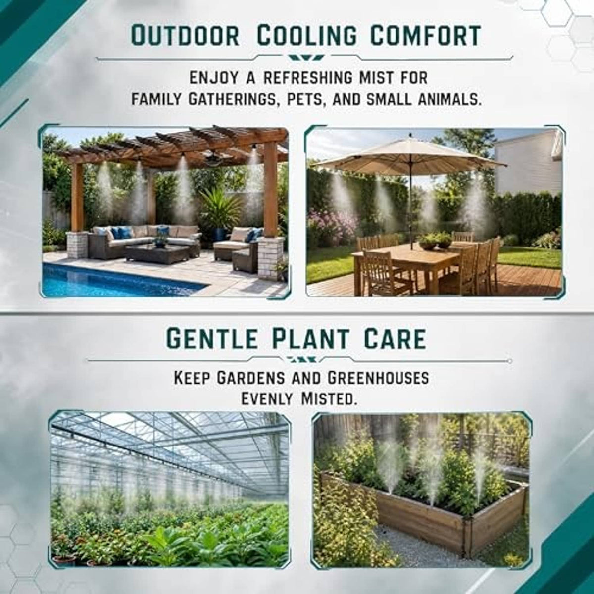Outdoor misting system spraying fine mist over patio seating and garden plants