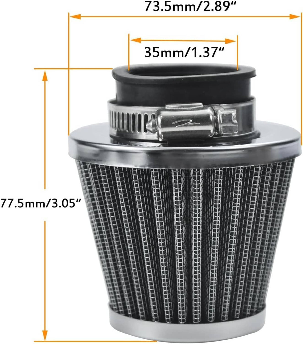 Cone air filter with black top clamp and silver metal base