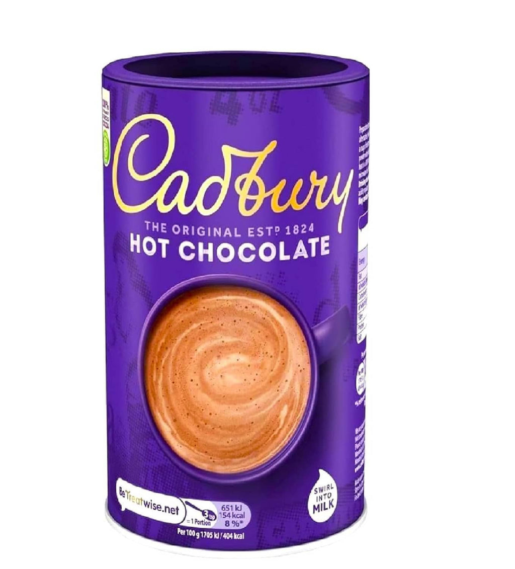 Cadbury Hot Chocolate original powder tin front with swirl milk and nutrition marks