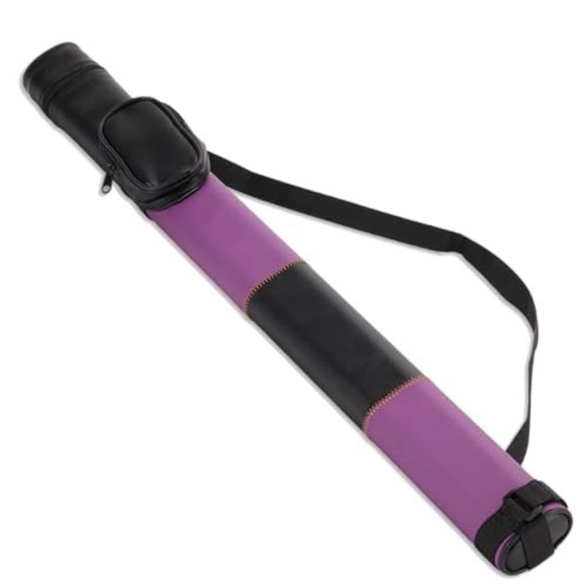 Purple billiard cue hard case with black zipper pouch ends and detachable carrying strap