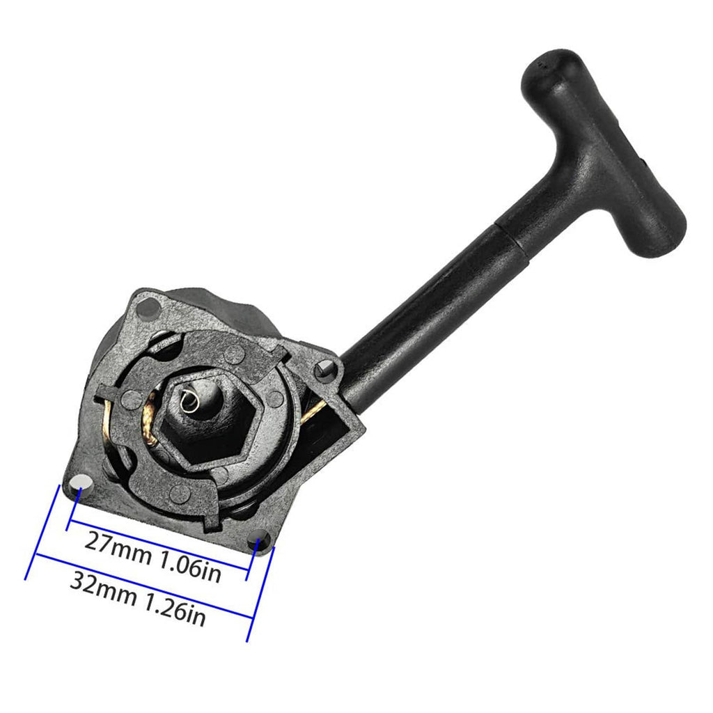 RC recoil starter assembly with black pull handle and exposed recoil housing
