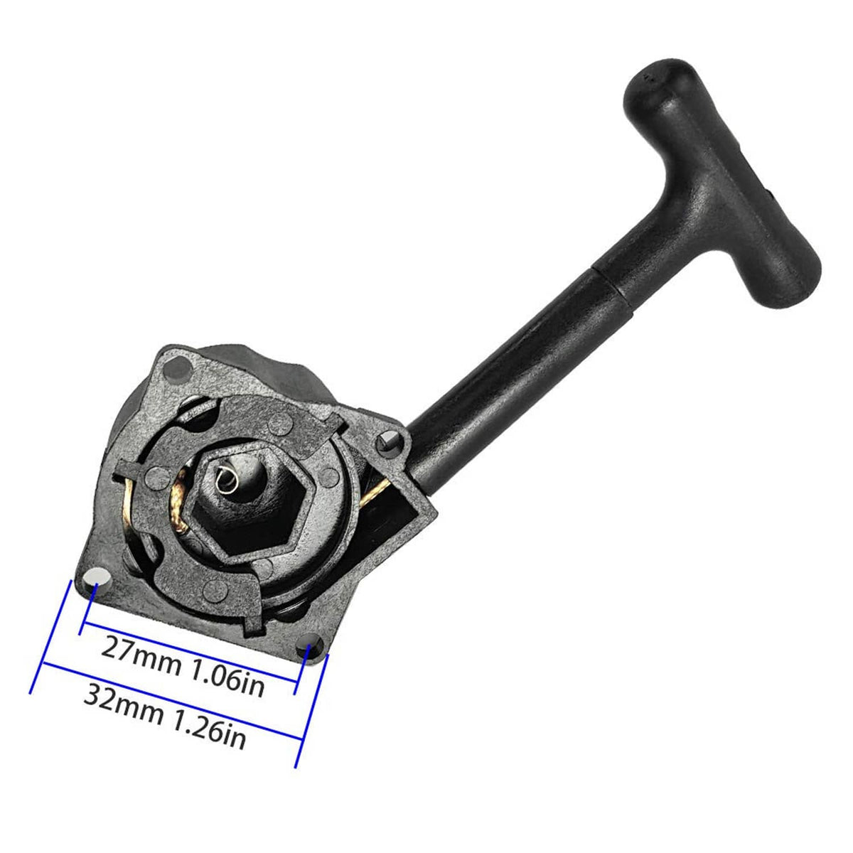 RC recoil starter assembly with black pull handle and exposed recoil housing