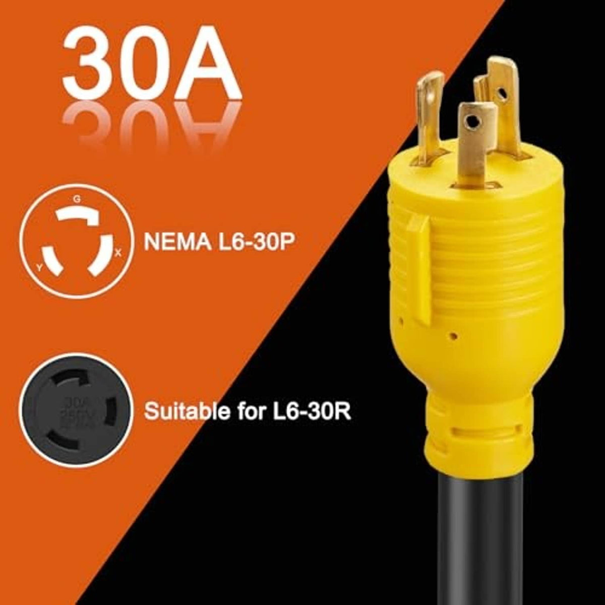 Yellow NEMA L6-30P plug adapter on black cable, 30A twist-lock style