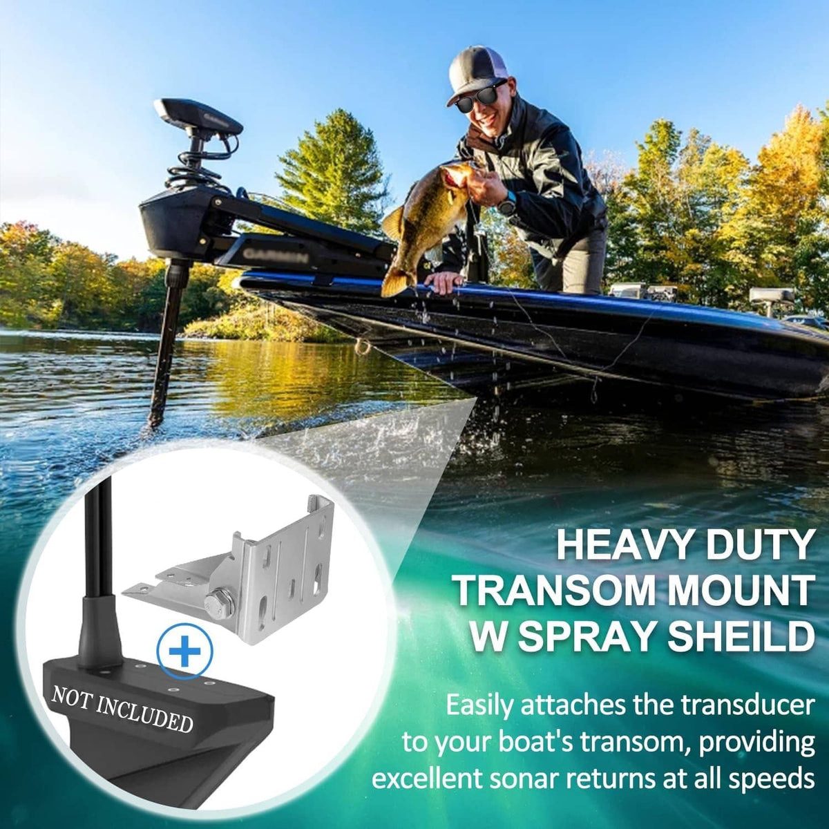 Heavy-duty transom mount bracket attached to boat transom for sonar