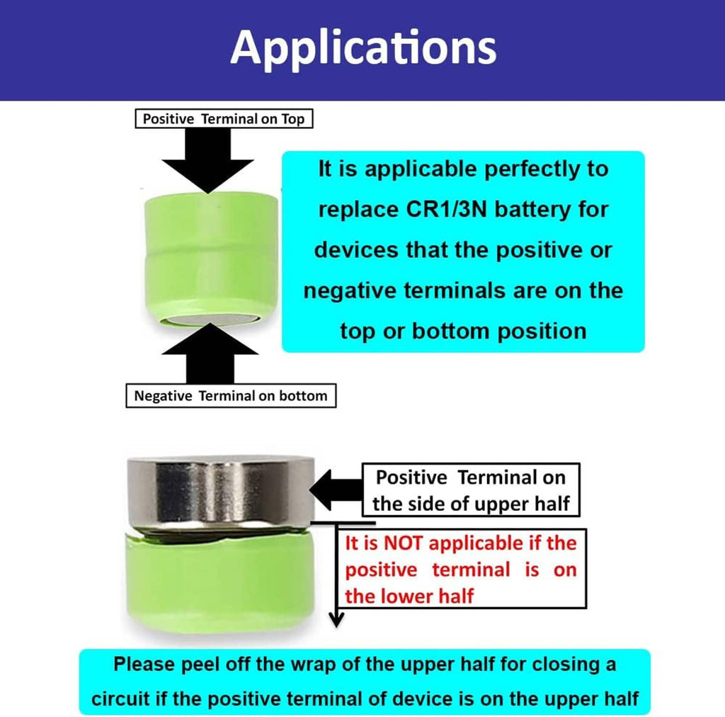 Green CR1/3N alkaline battery diagram showing positive terminal on top and negative on bottom
