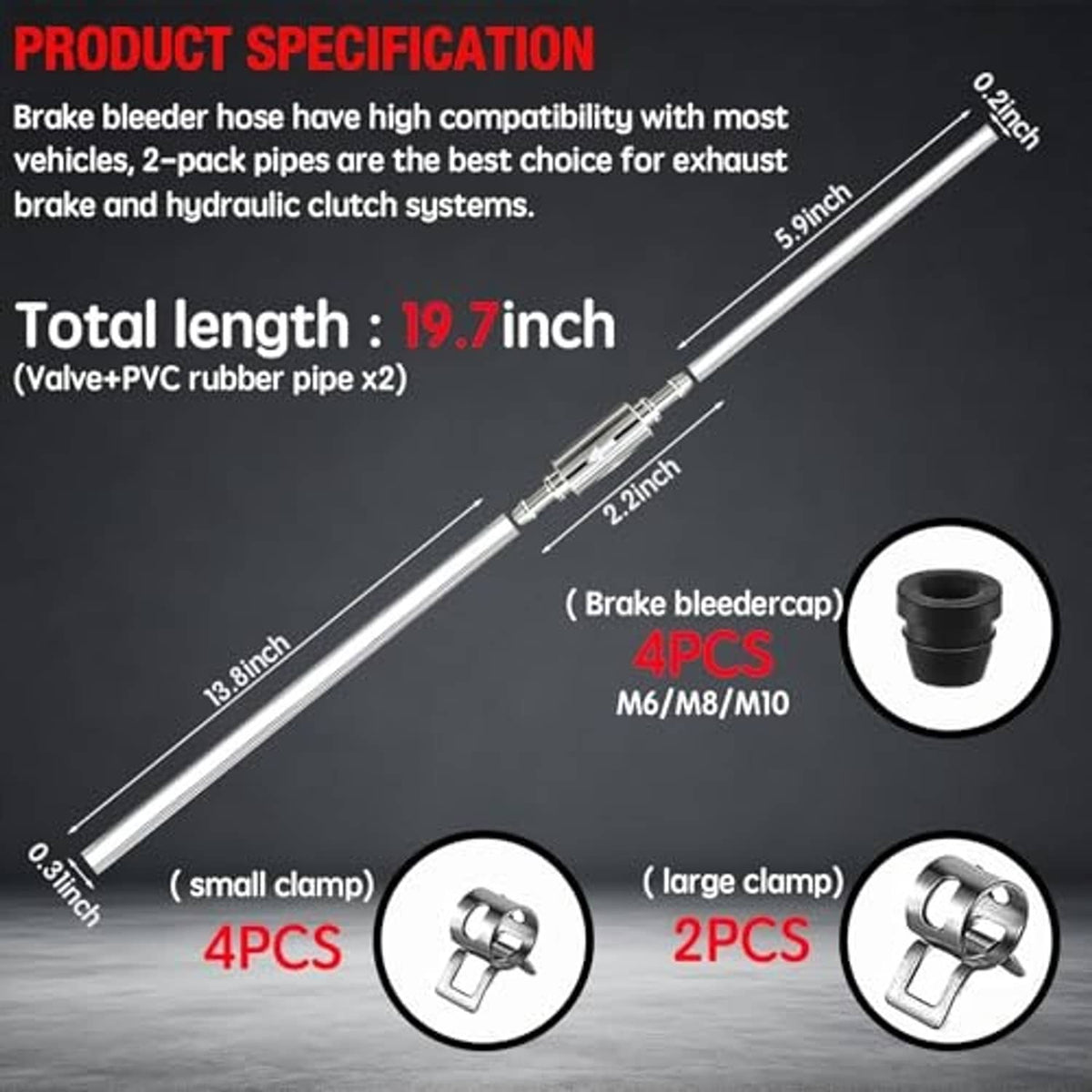 Brake bleeder hose set, 19.7 in total length, includes small and large clamp adapters