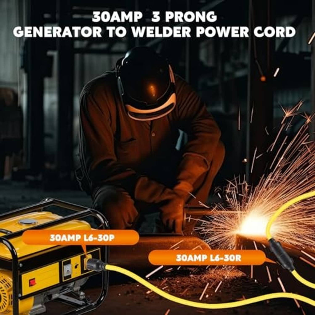 Yellow generator-to-welder extension cord with black 3-prong L6-30 plugs