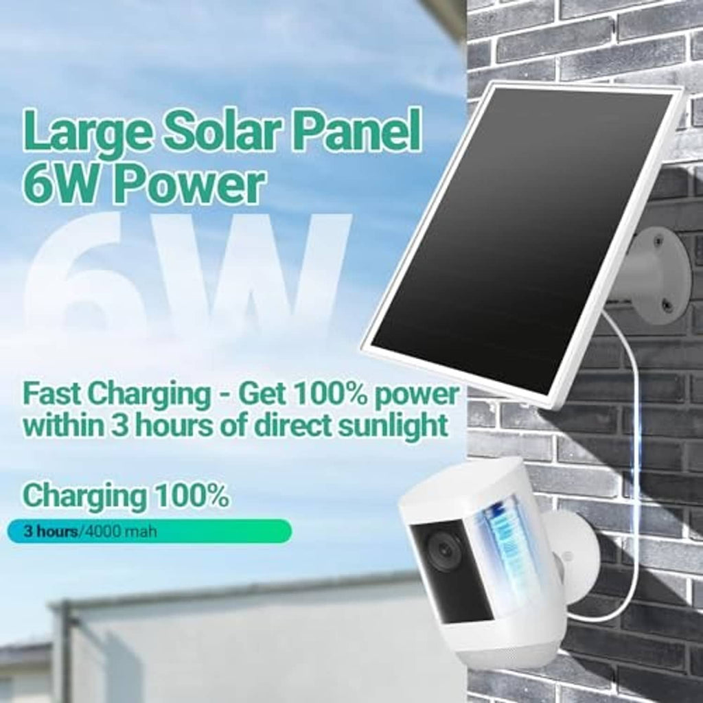 Solar panel charger with black panel and white bracket for outdoor Ring-style camera.