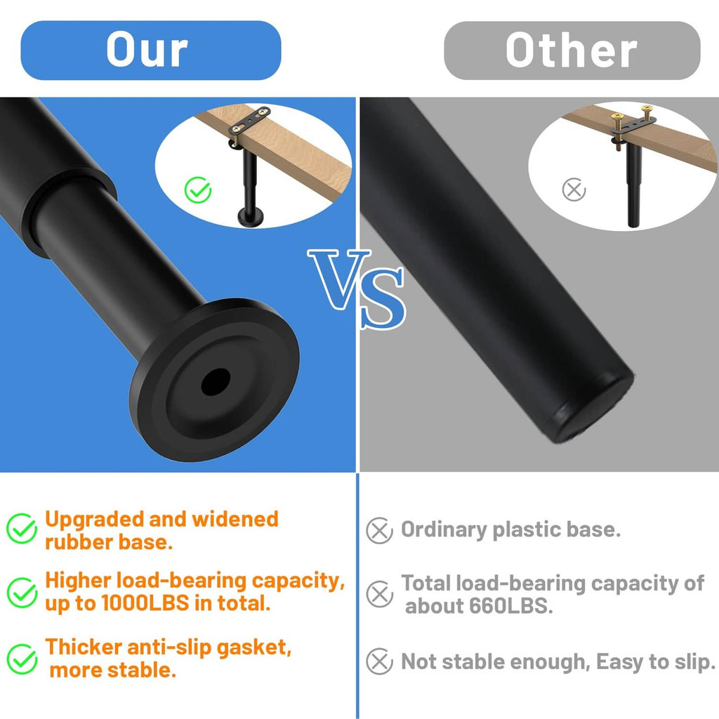 Black bed support legs with wide rubber base and anti-slip gasket detail