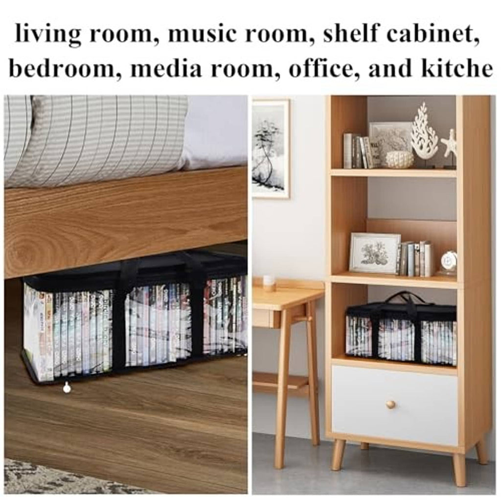 Clear PVC DVD storage bags with black handles stored inside a cabinet