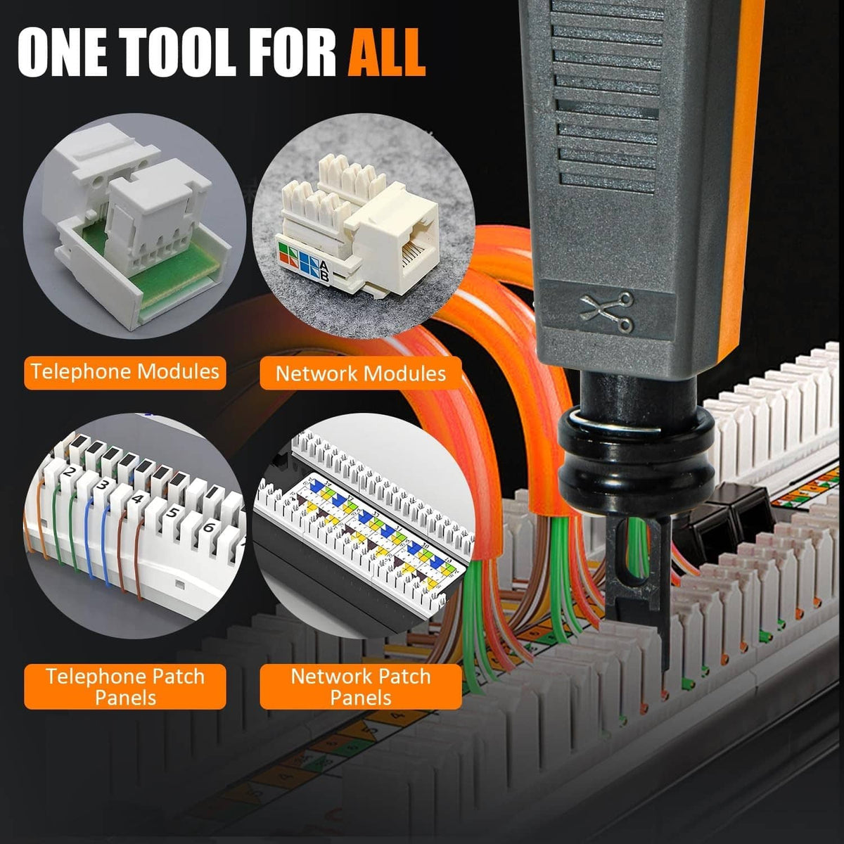 Punch-down tool with black handle over rows of patch panel connectors and modules.