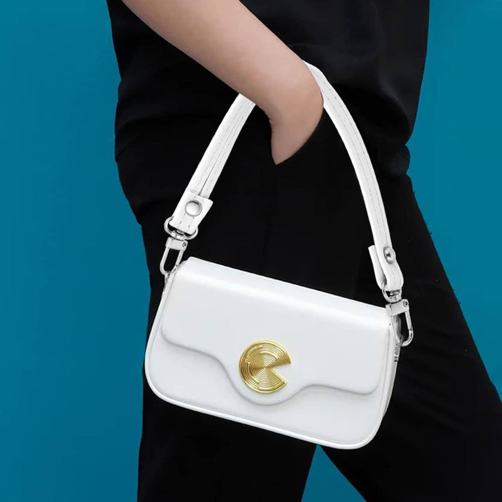 White leather purse handle strap with metal swivel clasps for a small bag