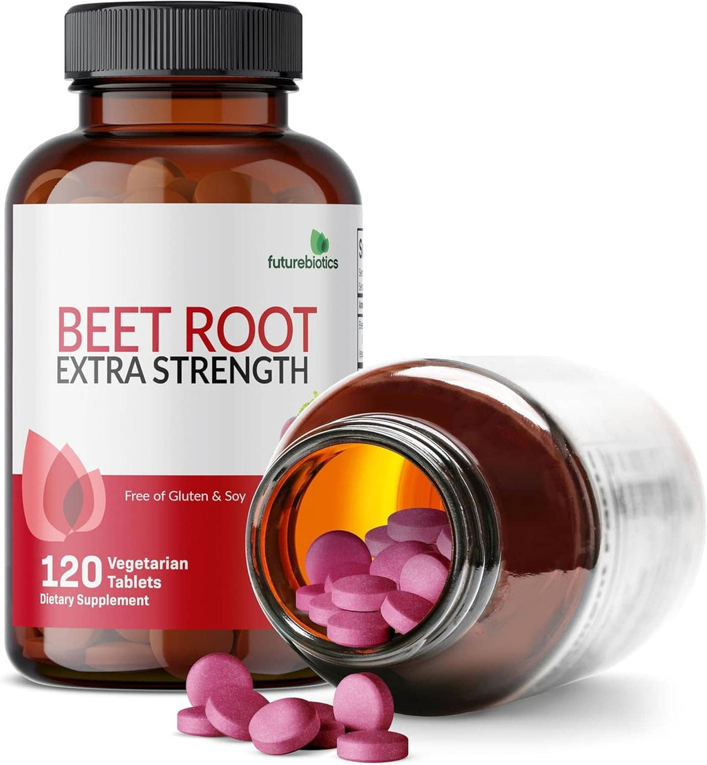 Beet root extra strength supplement bottle with open top and beet tablets