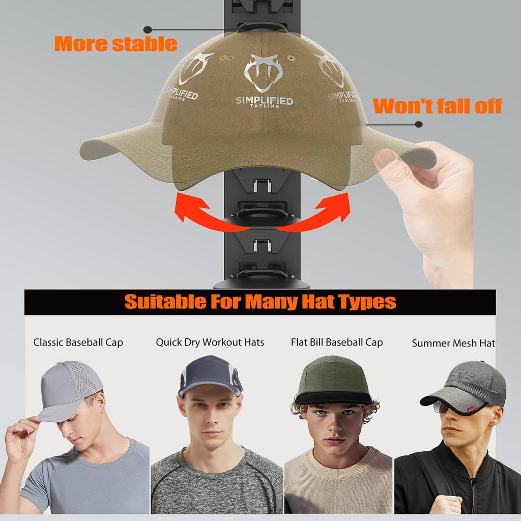 Black hat organizer cap holder on a hook with hand, fits many hat types