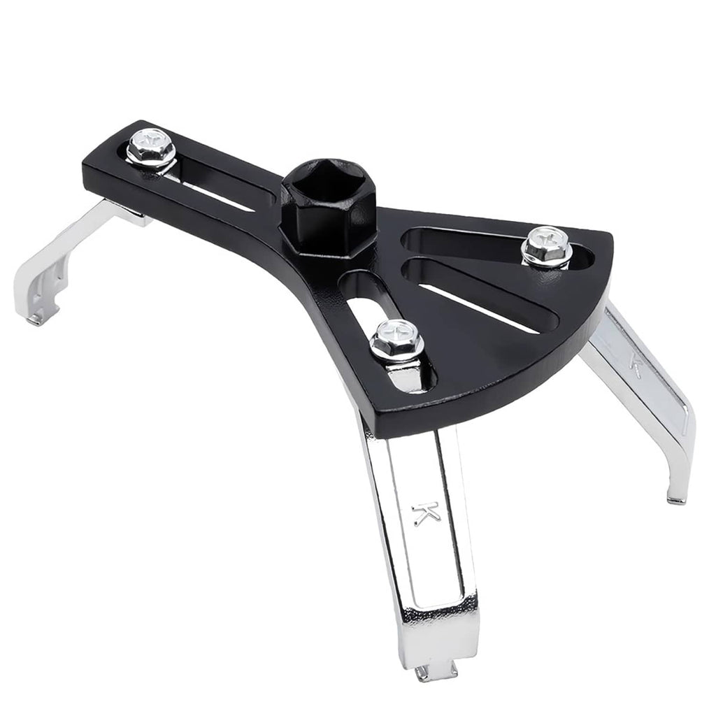 Fuel tank lid removal tool with black base plate, silver legs, and hex bolts