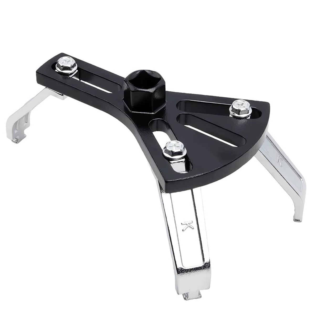 Fuel tank lid removal tool with black base plate, silver legs, and hex bolts