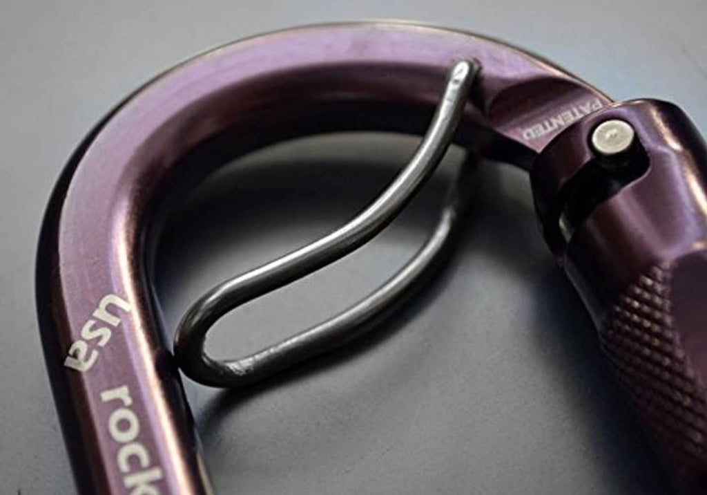Heavy duty locking carabiner interior view with curved gate, dark purple finish.