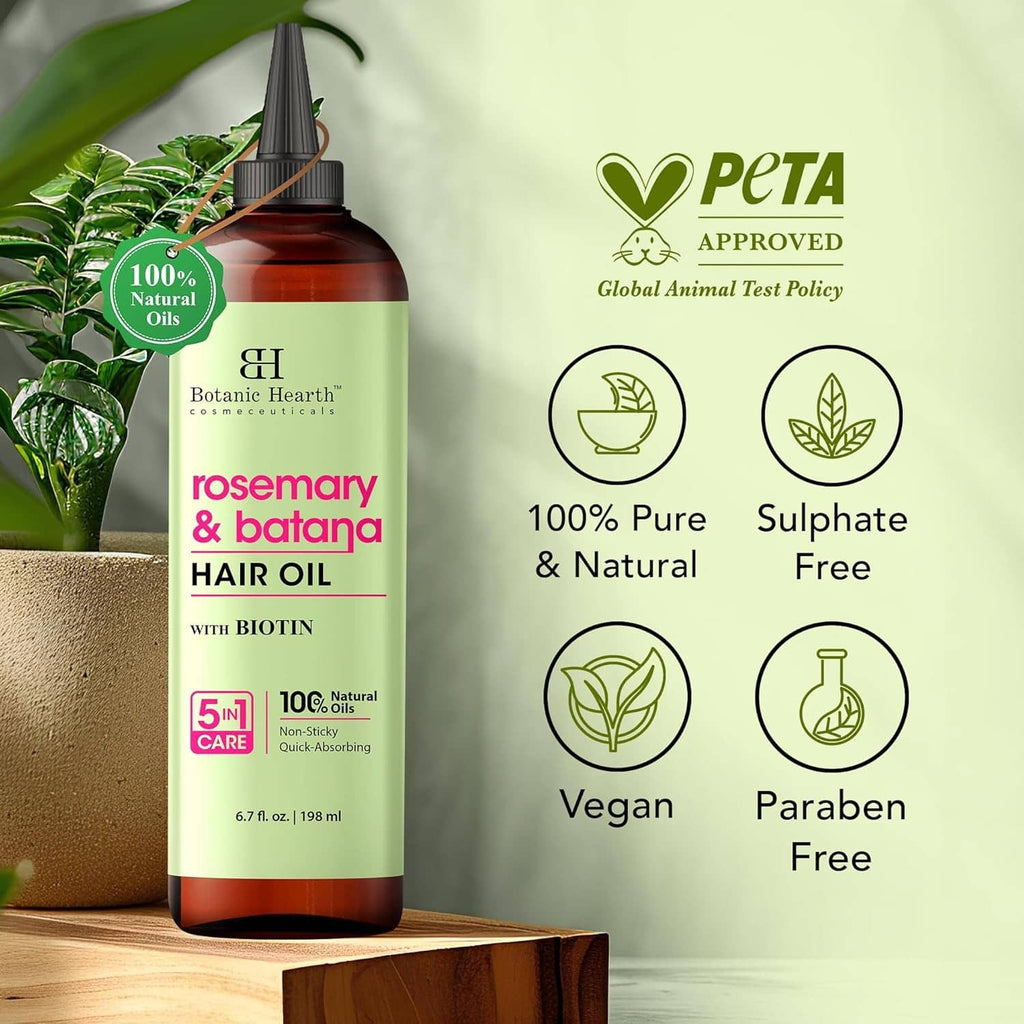 Botanic Hearth rosemary & batana hair oil bottle with PETA-approved vegan and free-from icons
