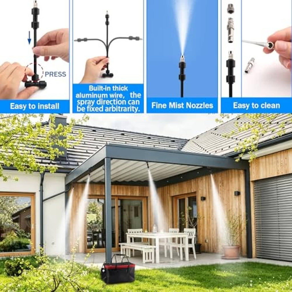 Portable misting system nozzle and tubing connection details with fine mist spray