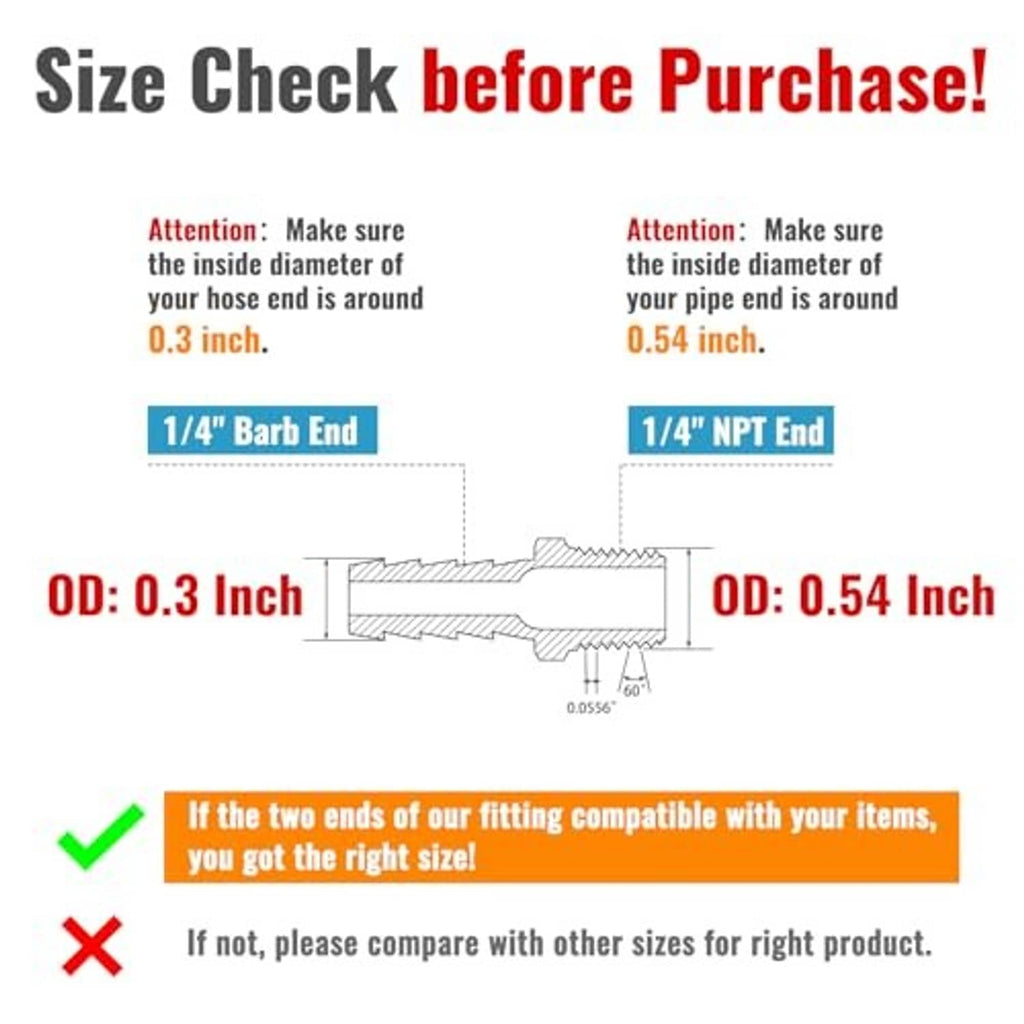 Size check for 1/4 in barbed vs 1/4 in NPT ends, OD 0.3 in and 0.54 in