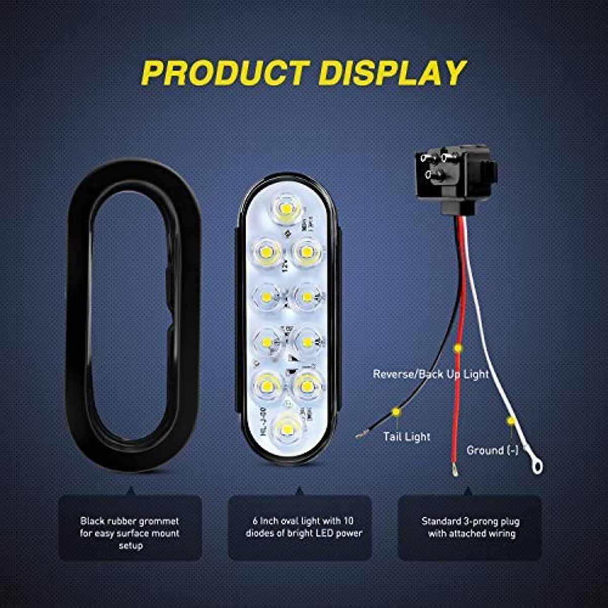 Oval LED trailer tail light set with rubber grommet and 3-prong wiring plug