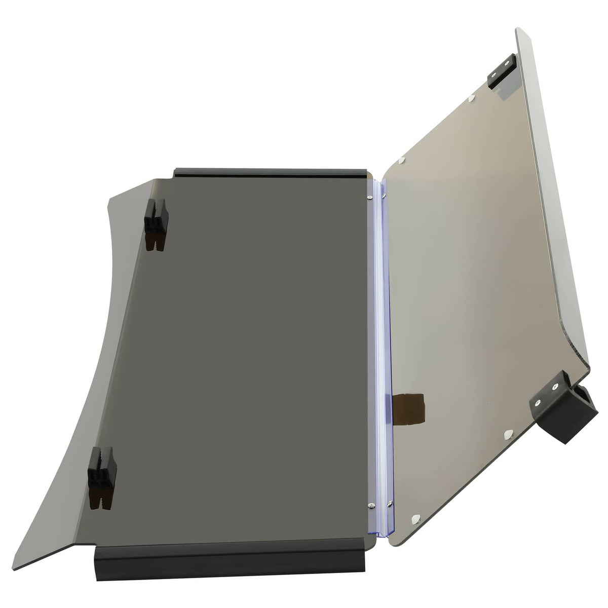 Fold-down tinted windshield shown open with metal frame, hinge hardware and clips