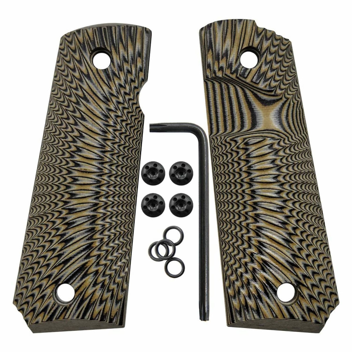 Pair of pistol grip panels, coyote tan G10 with wavy sunburst texture and mounting cutouts