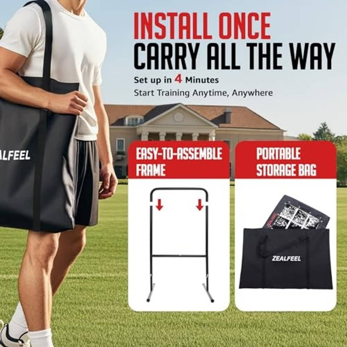 Portable pitching net kit with carry storage bag and easy setup frame