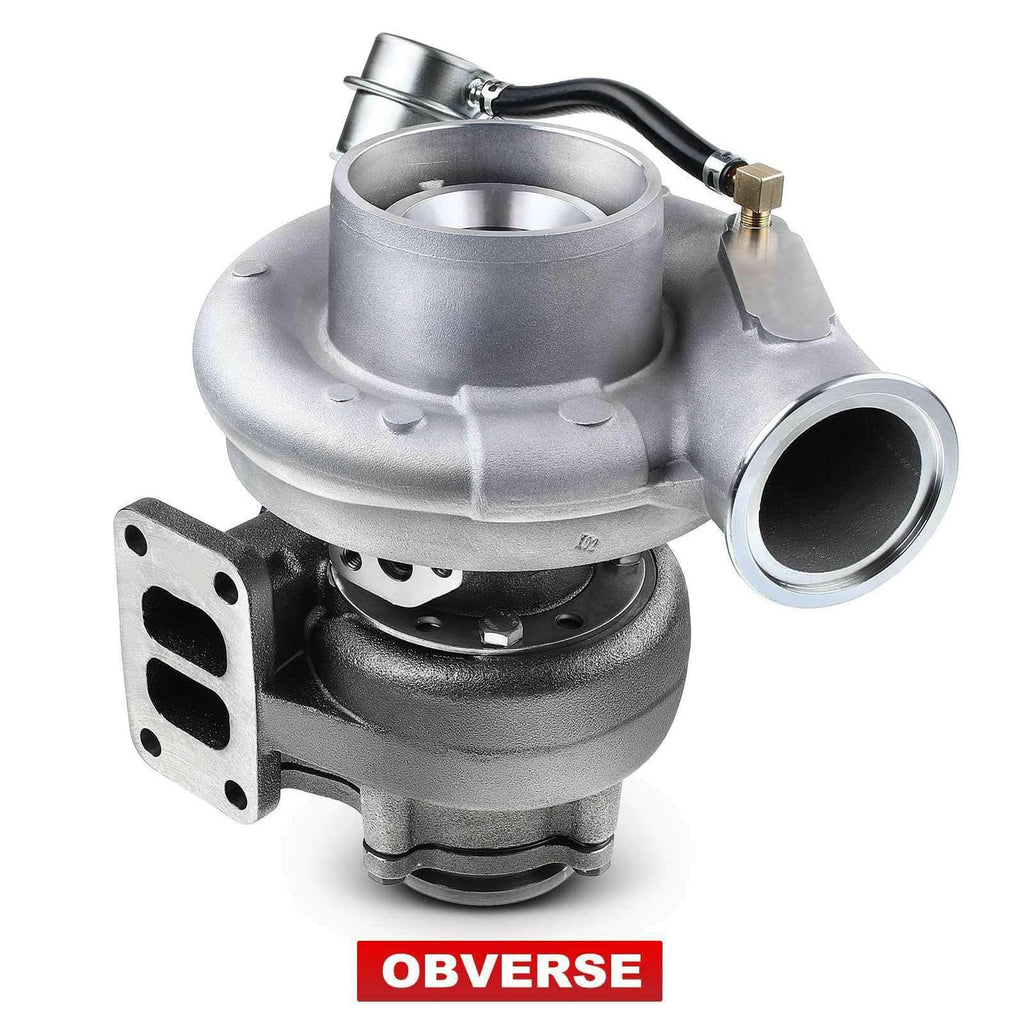 HX35W turbocharger angled view with compressor inlet bell and exhaust flange