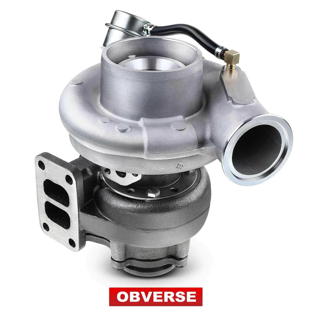 HX35W turbocharger angled view with compressor inlet bell and exhaust flange