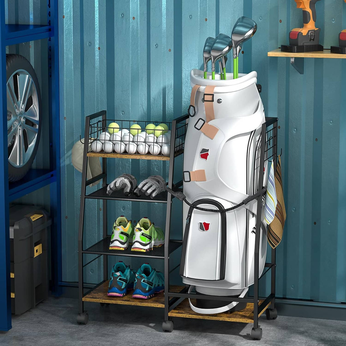 Golf bag storage rack with wheels, white golf bag with club holders and stacked shoe storage