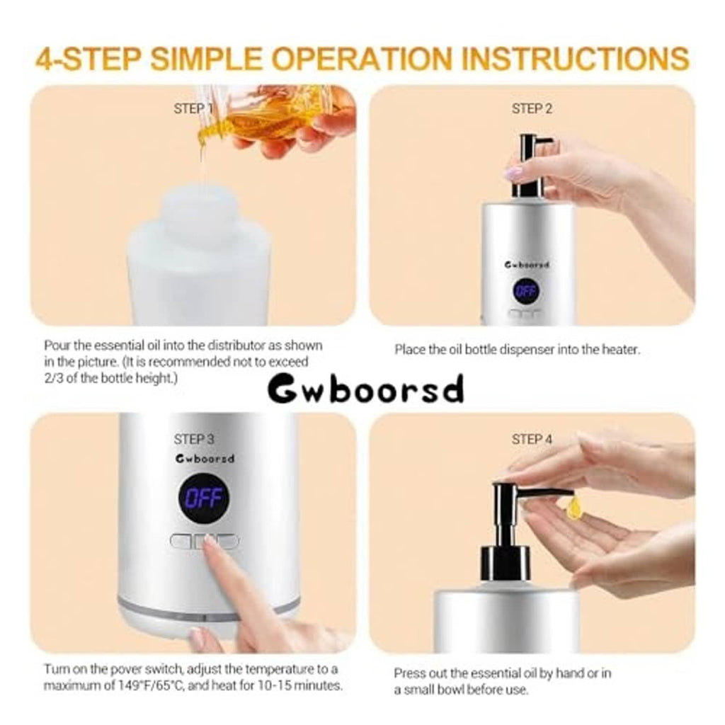 Oil warmer heater with bottle dispenser being placed by hand and pump