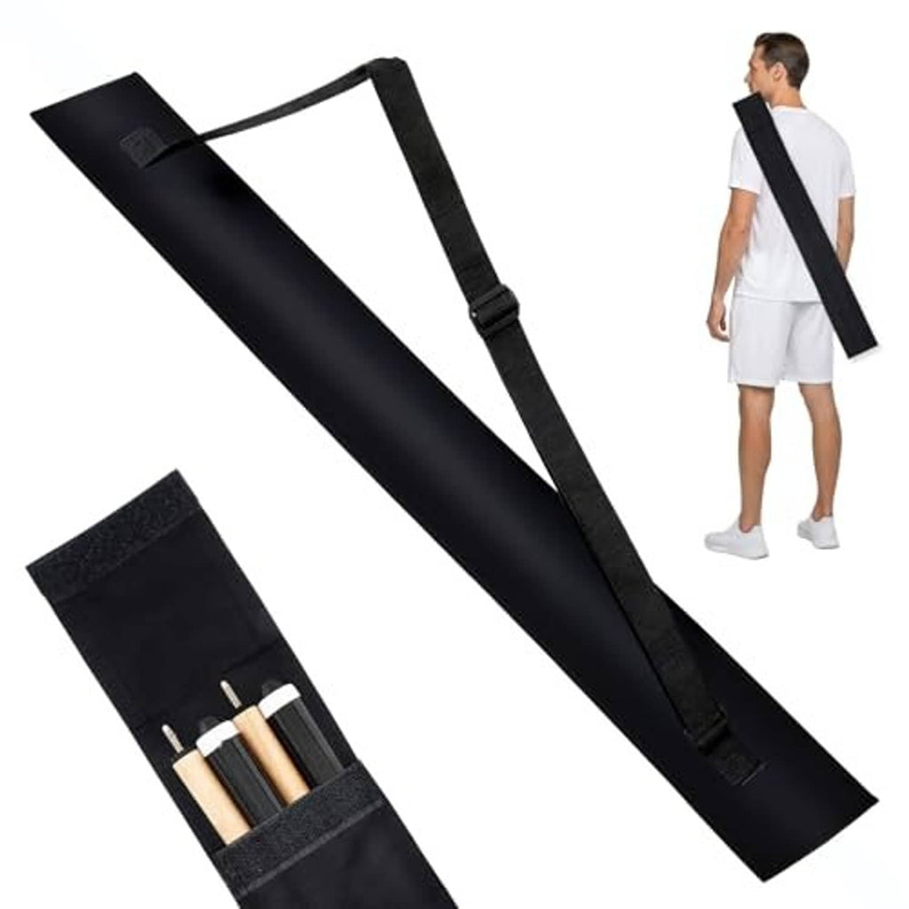 Black collapsible cue storage case with strap and end pocket, showing fitted cue shafts and butts