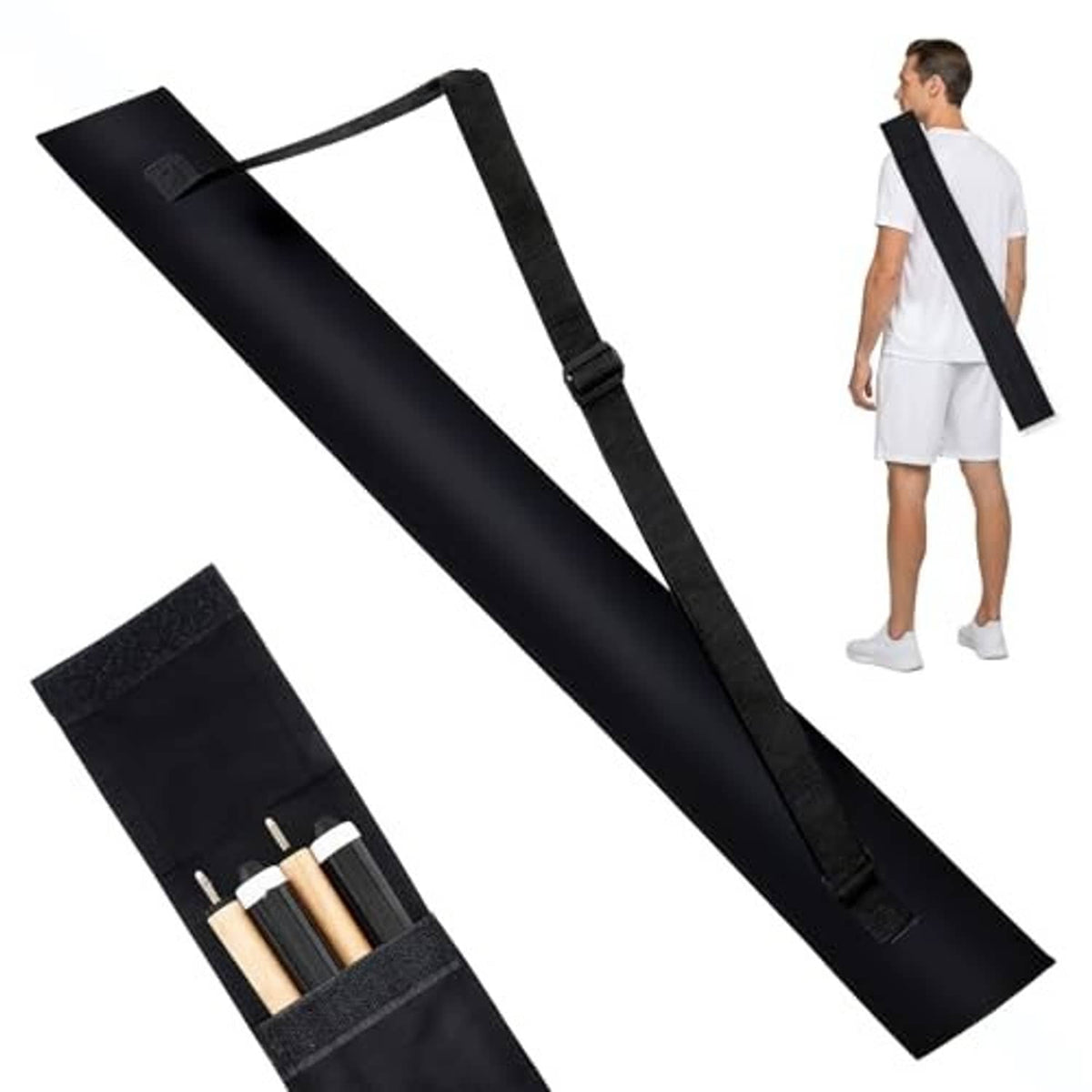 Black collapsible cue storage case with strap and end pocket, showing fitted cue shafts and butts