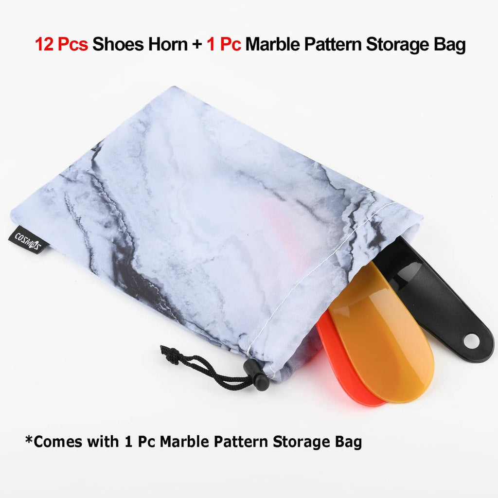 Marble pattern storage bag with black and orange plastic shoe horns