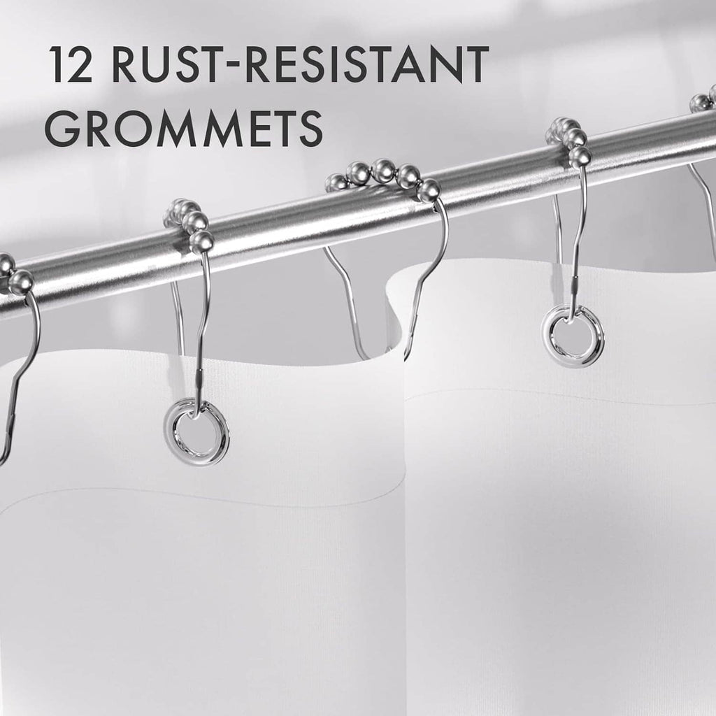 Shower curtain with 12 rust-resistant metal grommets on top rail
