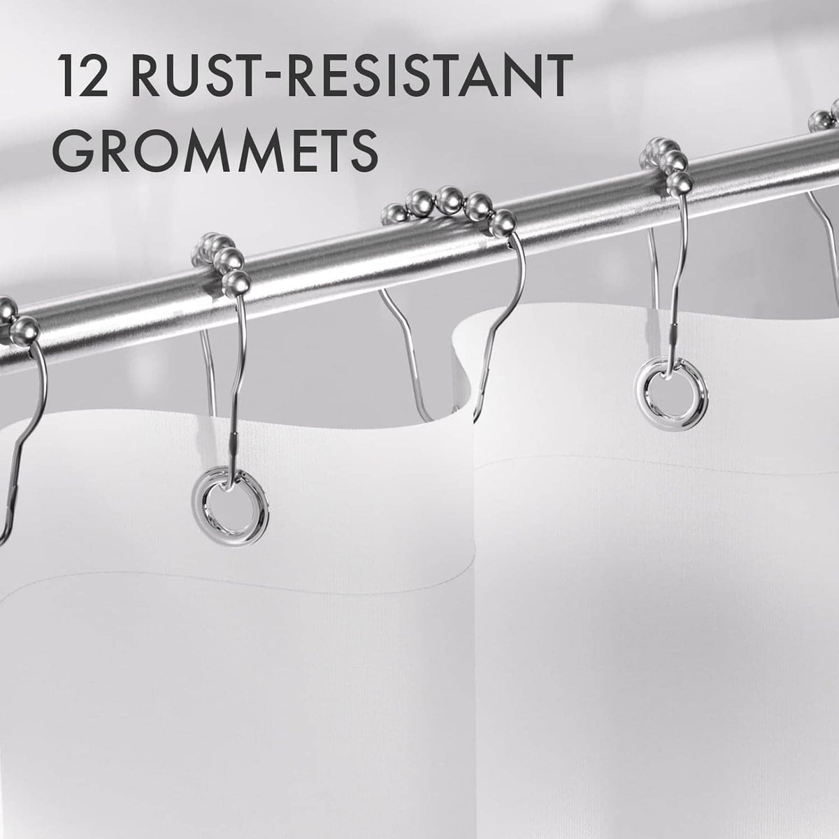 Shower curtain with 12 rust-resistant metal grommets on top rail