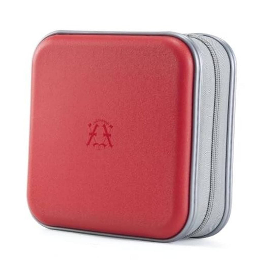 Red hard-shell CD/DVD zipper wallet face with gray edge, close-up