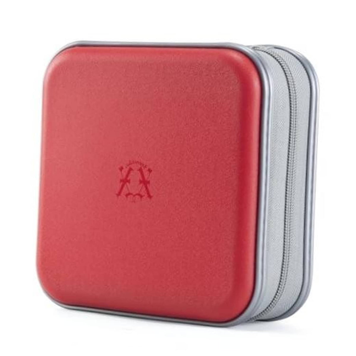 Red hard-shell CD/DVD zipper wallet face with gray edge, close-up