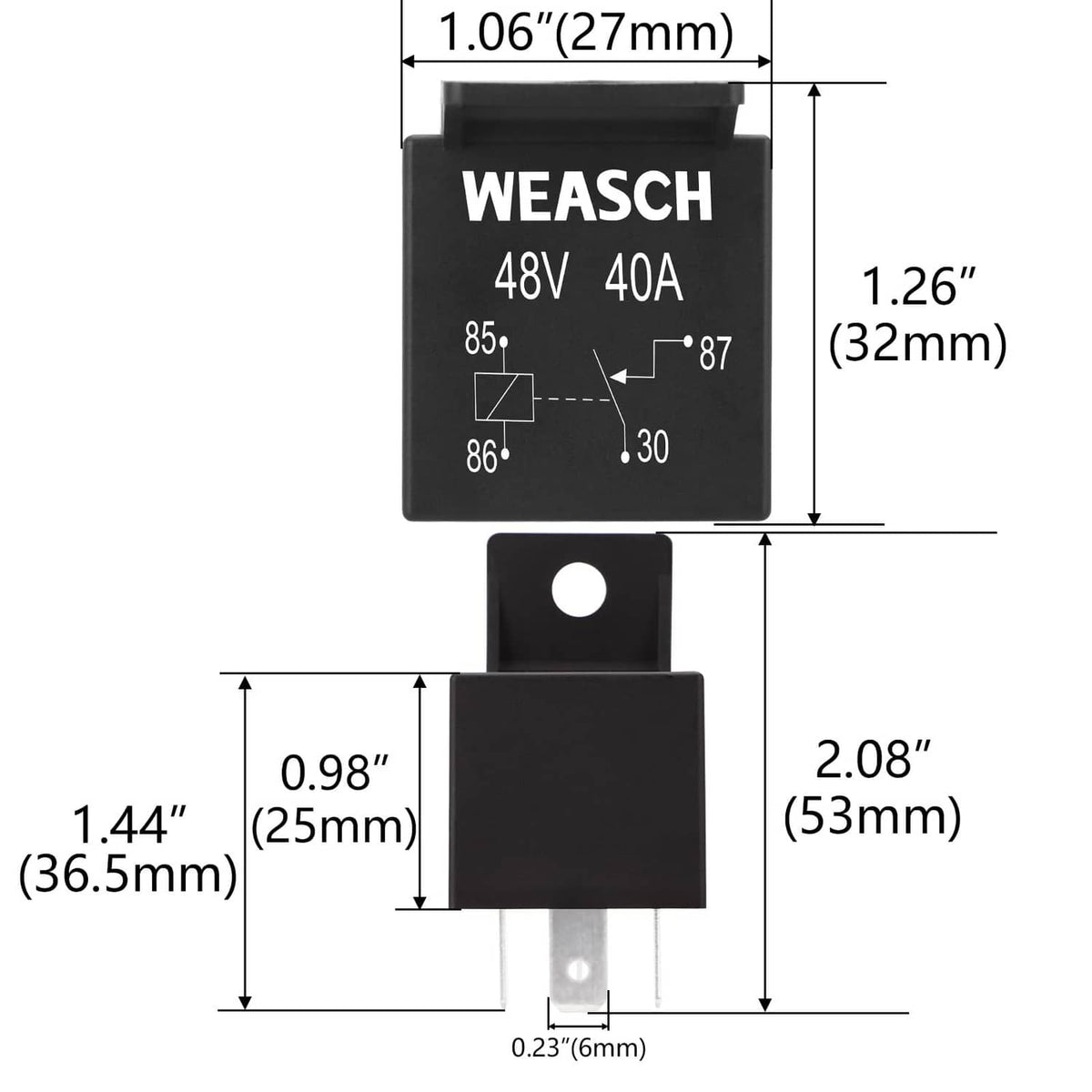 Black relay with Weasch 48V 40A label and height/width measurement callouts