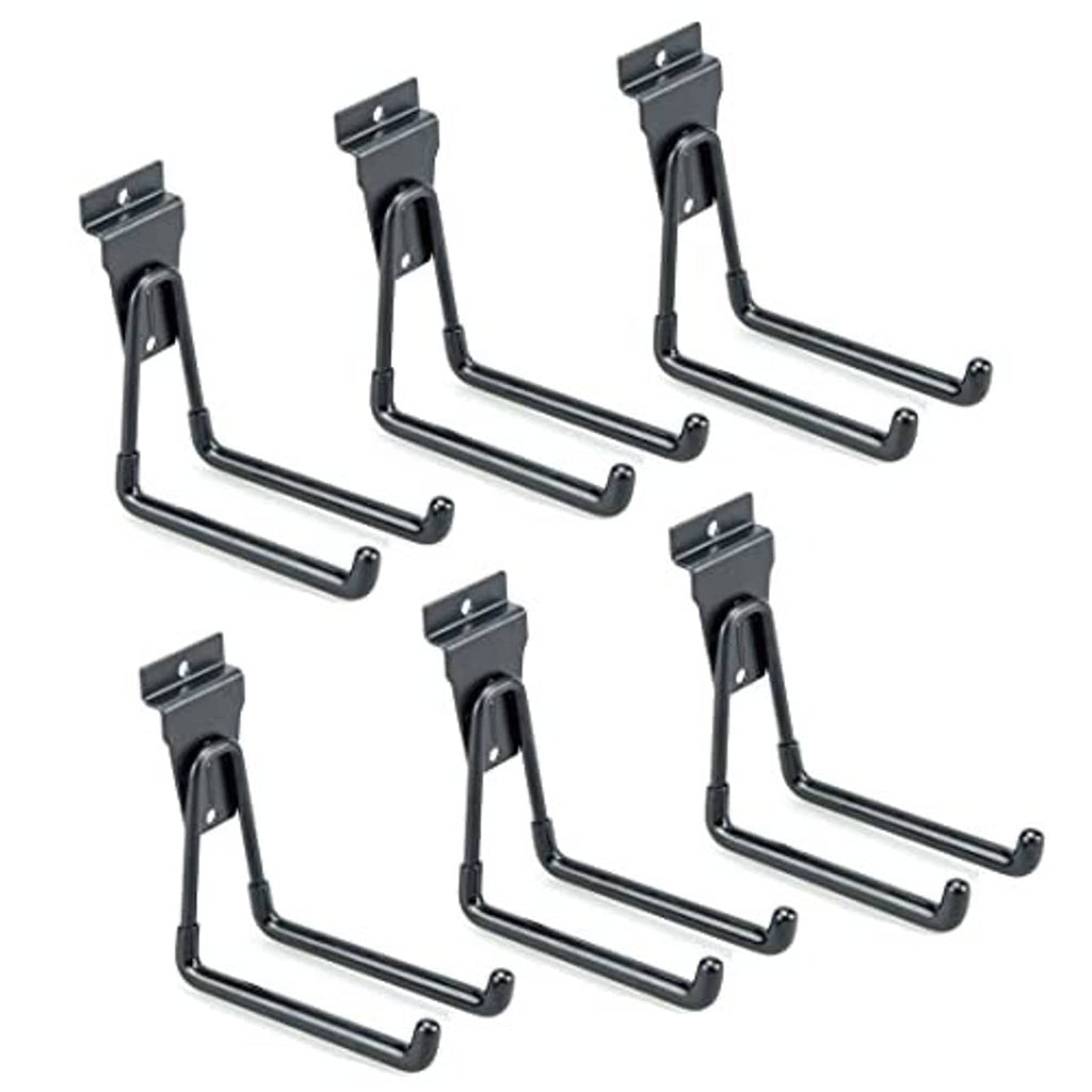 Black medium slatwall U hooks set of 6, angled view with three curved arms