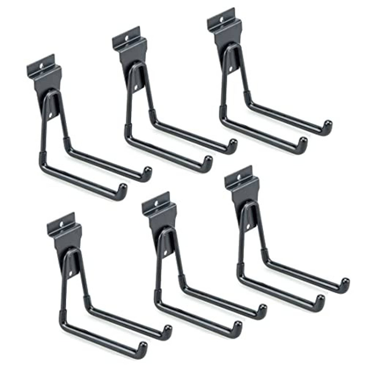 Black medium slatwall U hooks set of 6, angled view with three curved arms