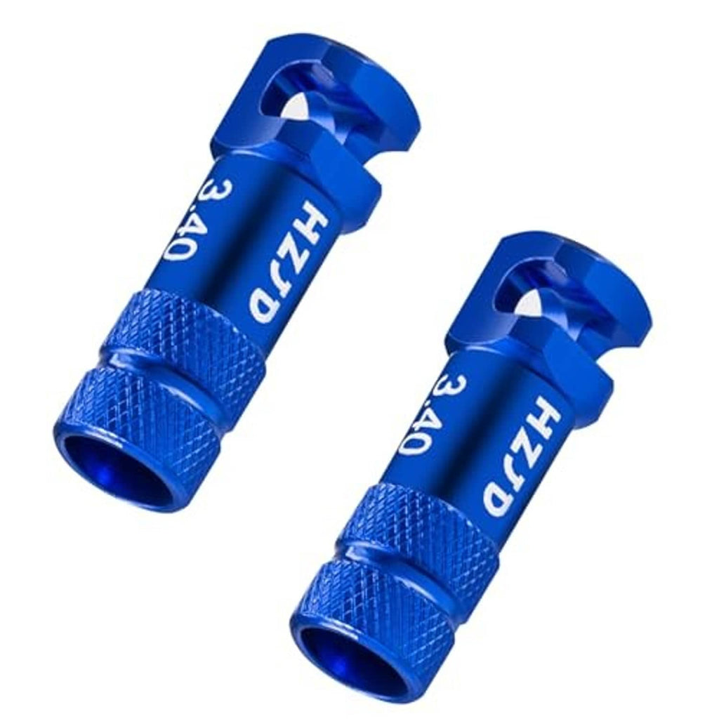 Pair of blue Presta valve caps, knurled body and slotted core-removal top