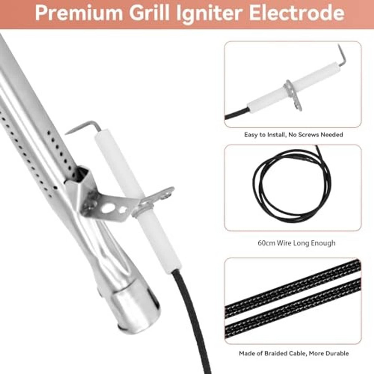 Premium grill igniter electrode with braided wire and ceramic insulator, replacement part
