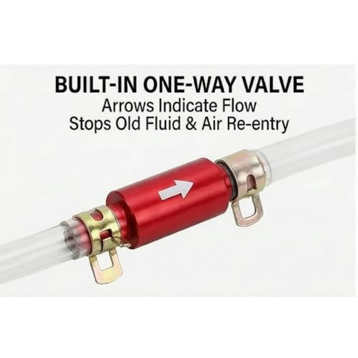 Brake bleeder hose with red built-in one-way valve and flow arrow marking