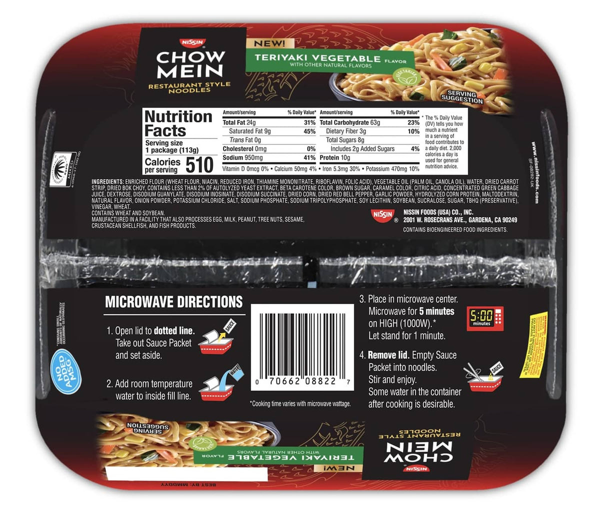 Nissin Chow Mein teriyaki vegetable noodle cup back with nutrition facts and microwave directions